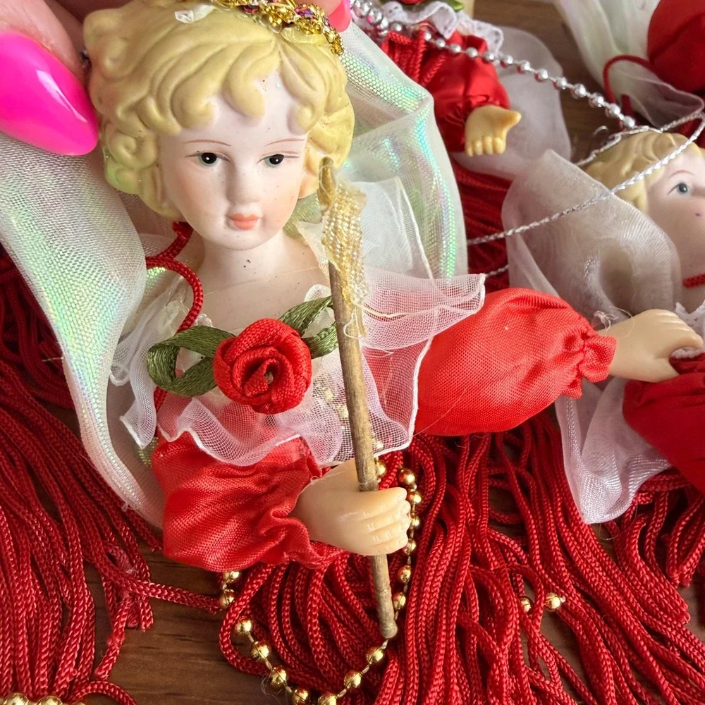 Vintage Set of 9 Porcelain Head Angel Tassel Christmas Ornaments Red Victorian